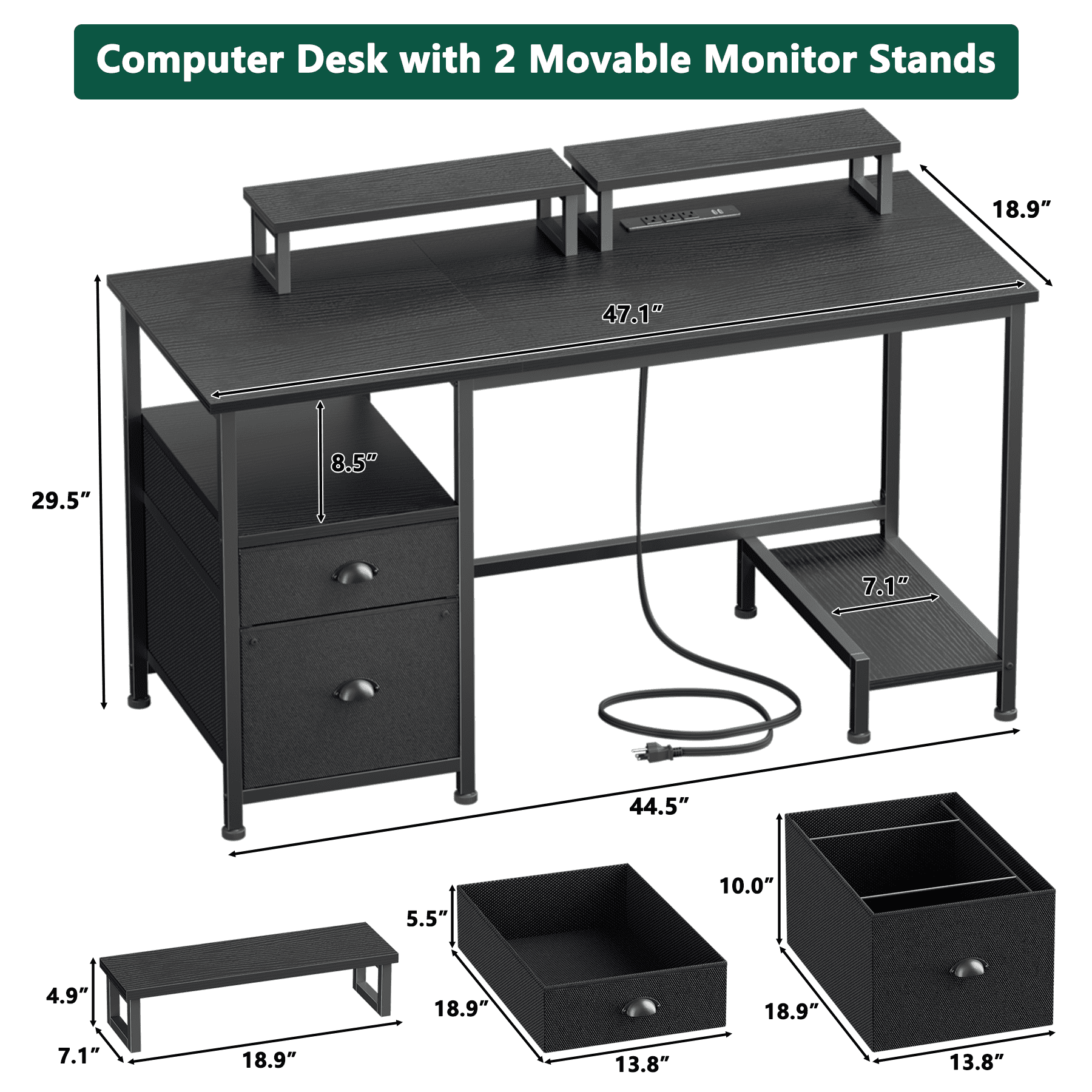 Satifur 61" Reversible 2-Tier Computer Desk with Power Outlet, LED Lights, File Cabinet &amp; Storage Shelves,Rustic Brown
