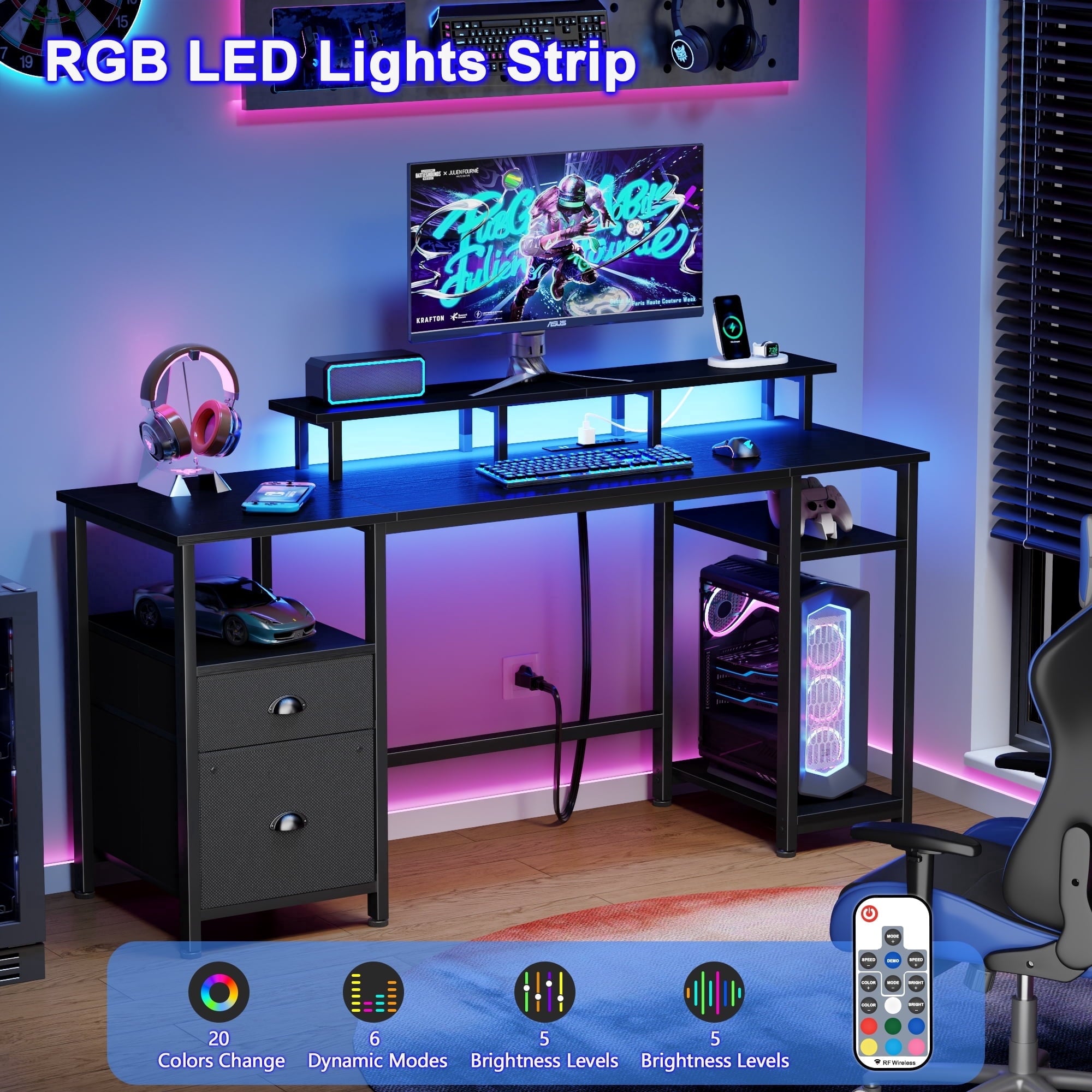 Satifur 61" Reversible 2-Tier Computer Desk with Power Outlet, LED Lights, File Cabinet &amp; Storage Shelves,Rustic Brown