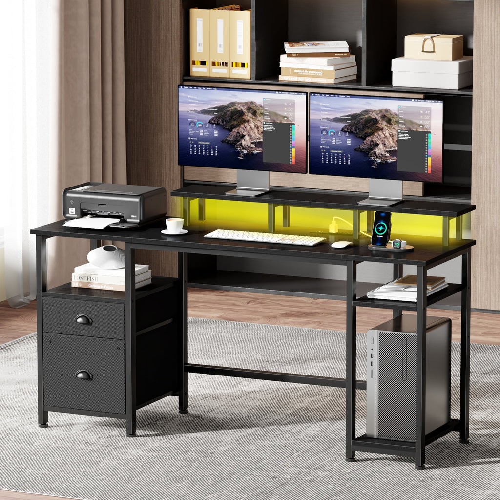 Satifur 61" Reversible 2-Tier Computer Desk with Power Outlet, LED Lights, File Cabinet &amp; Storage Shelves,Rustic Brown