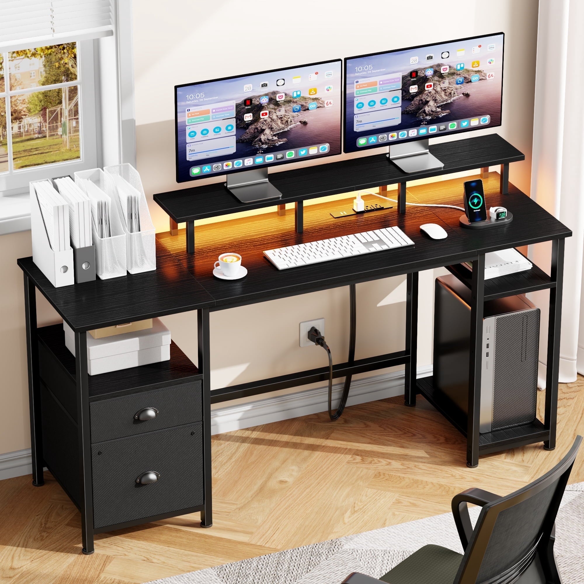 Satifur 61" Reversible 2-Tier Computer Desk with Power Outlet, LED Lights, File Cabinet &amp; Storage Shelves,Rustic Brown