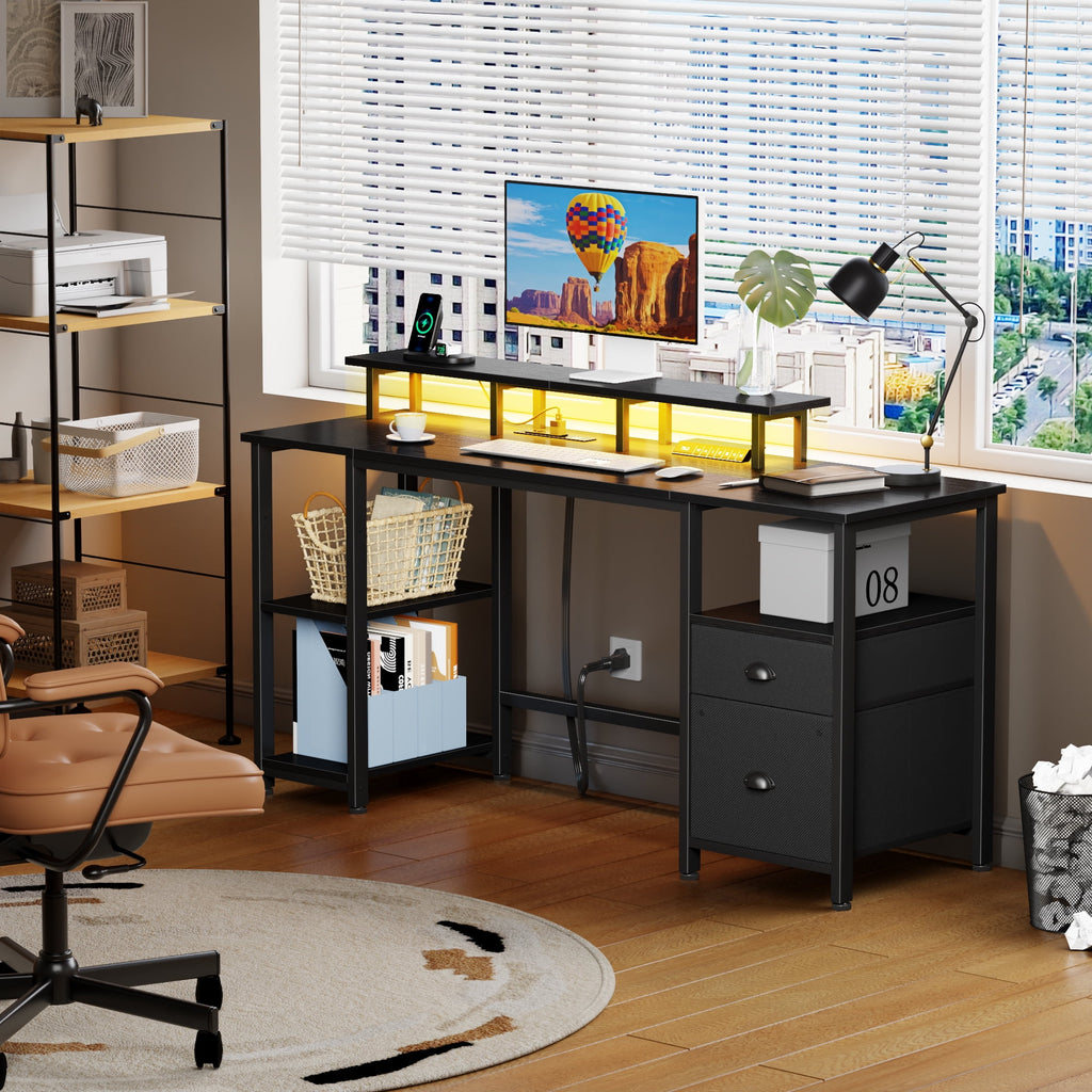 Satifur 61" Reversible 2-Tier Computer Desk with Power Outlet, LED Lights, File Cabinet &amp; Storage Shelves,Rustic Brown