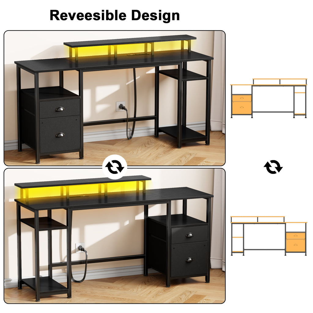 Satifur 61" Reversible 2-Tier Computer Desk with Power Outlet, LED Lights, File Cabinet &amp; Storage Shelves,Rustic Brown