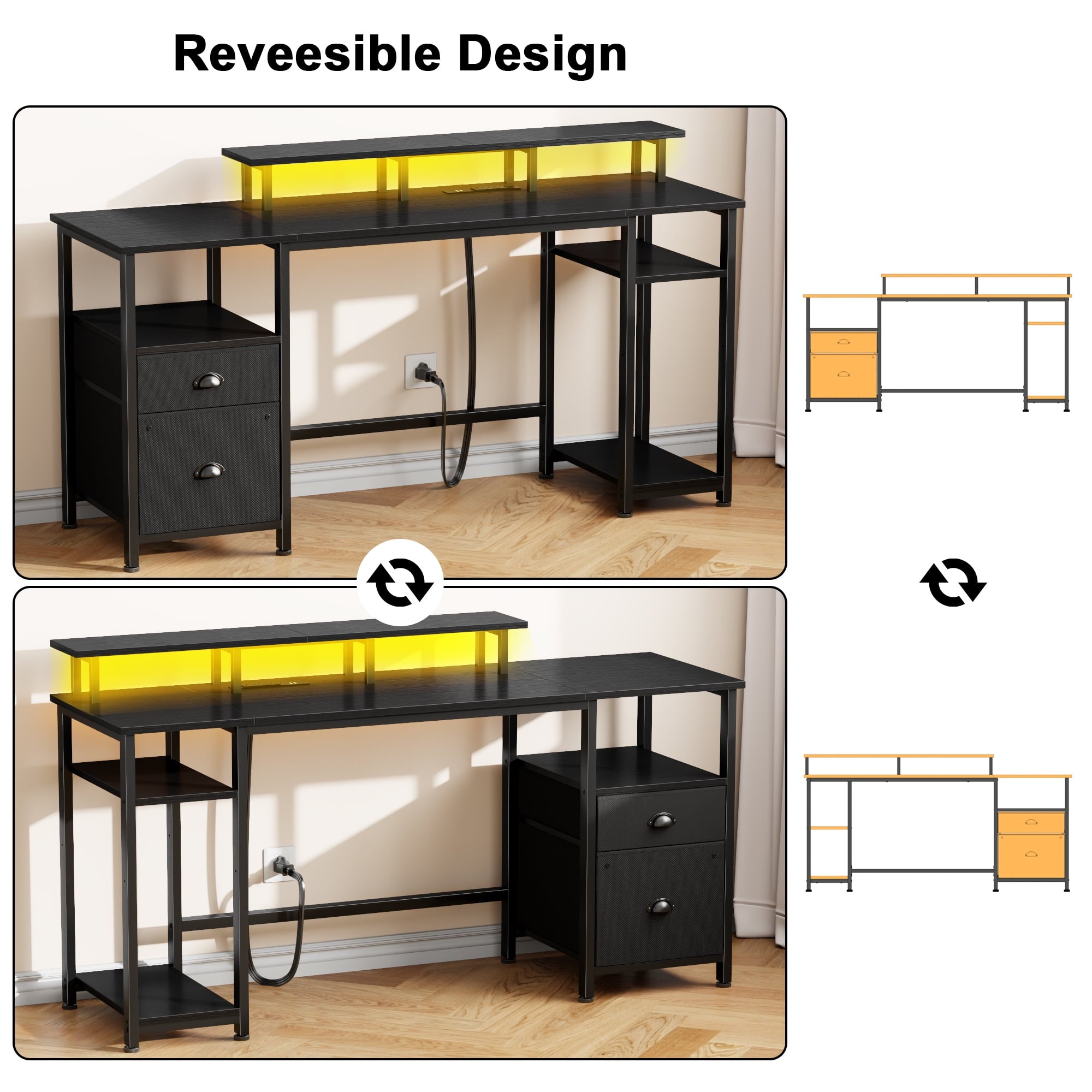 Satifur 61" Reversible 2-Tier Computer Desk with Power Outlet, LED Lights, File Cabinet &amp; Storage Shelves,Rustic Brown