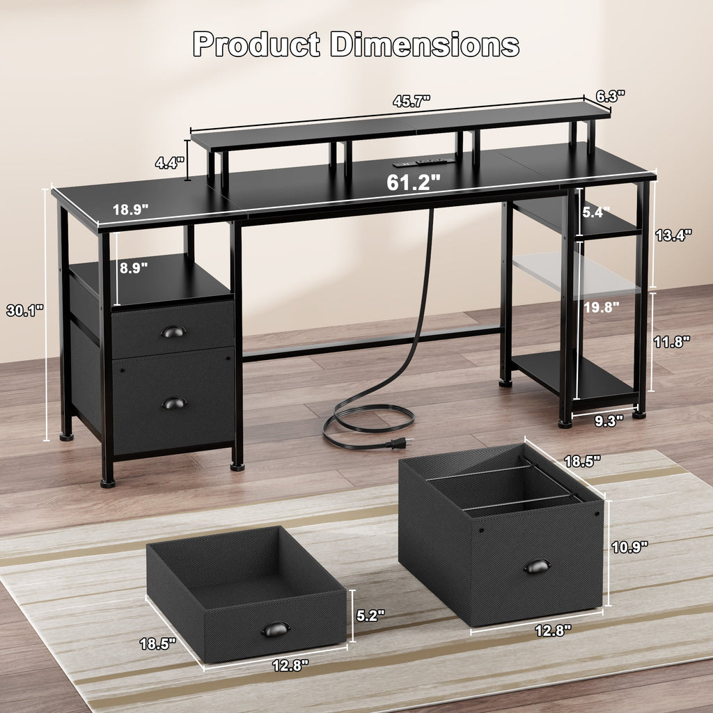Satifur 61" Reversible 2-Tier Computer Desk with Power Outlet, LED Lights, File Cabinet &amp; Storage Shelves,Rustic Brown