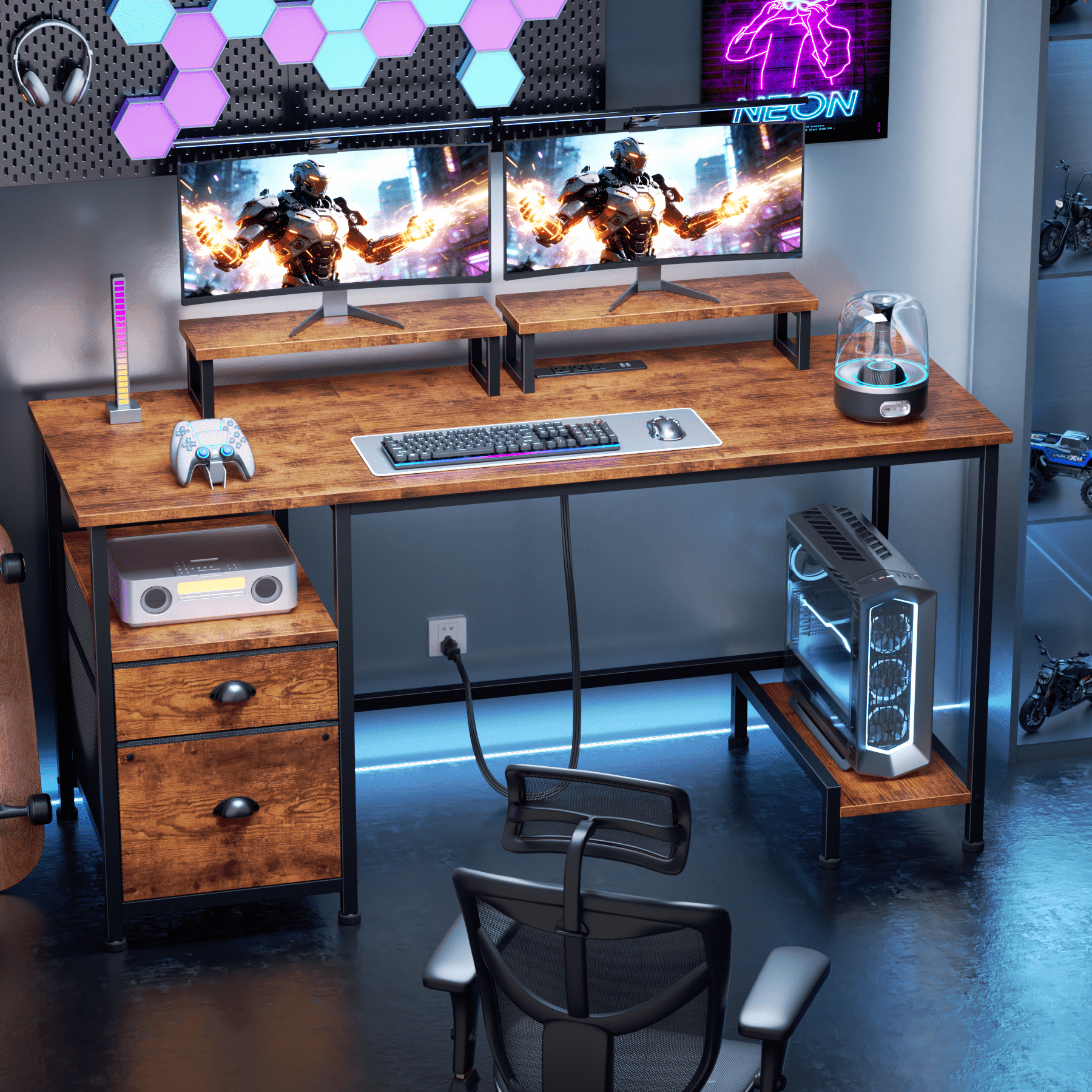 Satifur 61" Reversible 2-Tier Computer Desk with Power Outlet, LED Lights, File Cabinet &amp; Storage Shelves,Rustic Brown