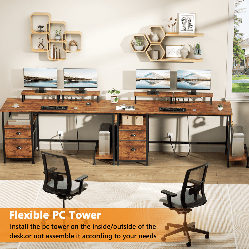 Satifur 61" Reversible 2-Tier Computer Desk with Power Outlet, LED Lights, File Cabinet &amp; Storage Shelves,Rustic Brown