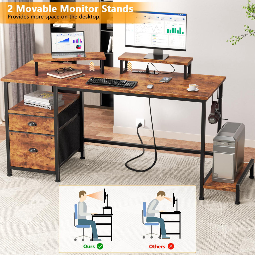 Satifur 61" Reversible 2-Tier Computer Desk with Power Outlet, LED Lights, File Cabinet &amp; Storage Shelves,Rustic Brown