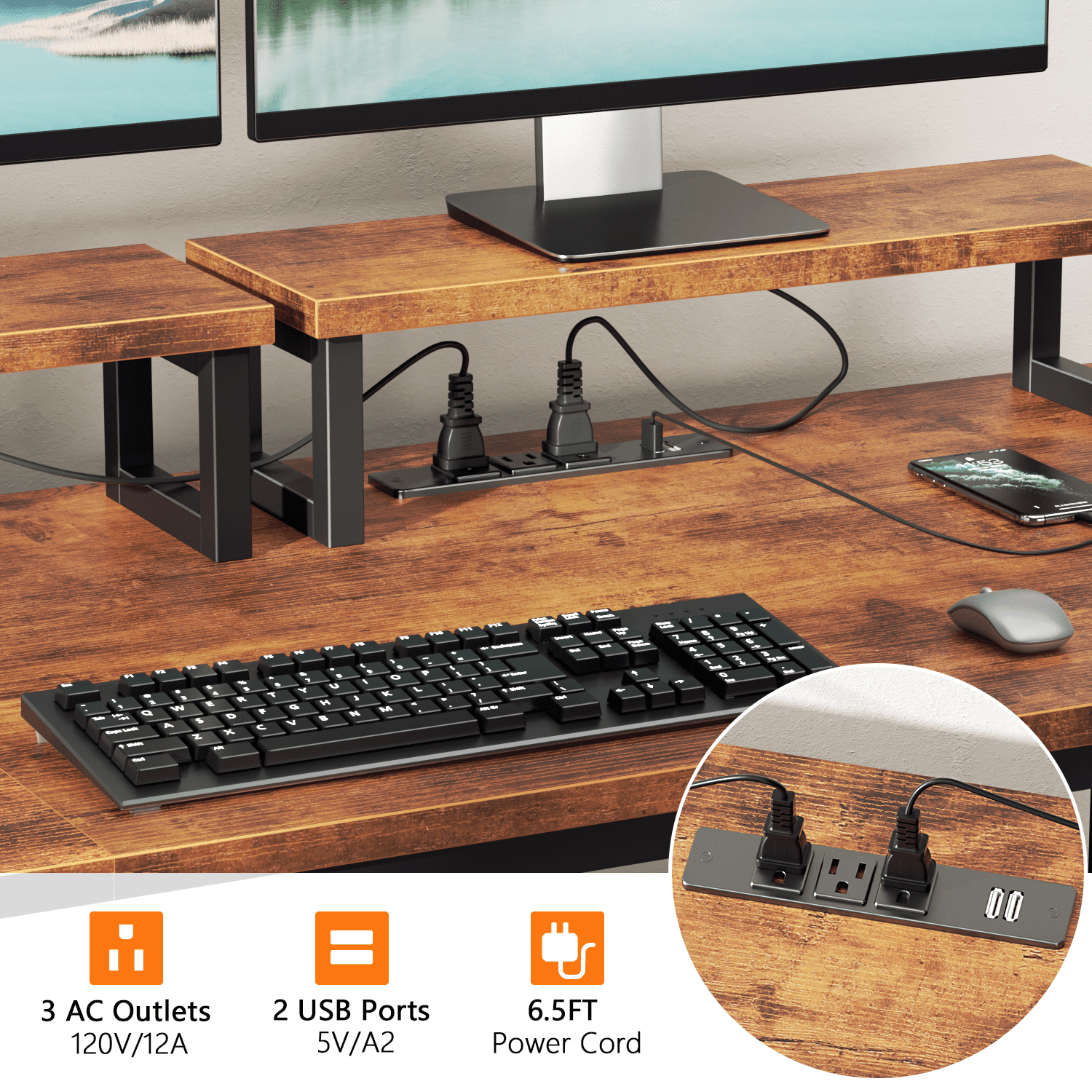Satifur 61" Reversible 2-Tier Computer Desk with Power Outlet, LED Lights, File Cabinet &amp; Storage Shelves,Rustic Brown