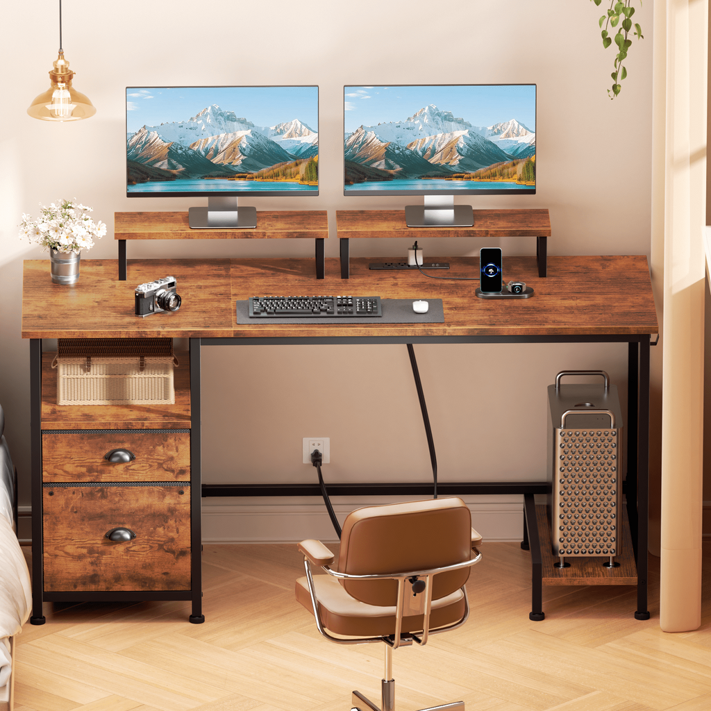 Satifur 61" Reversible 2-Tier Computer Desk with Power Outlet, LED Lights, File Cabinet &amp; Storage Shelves,Rustic Brown