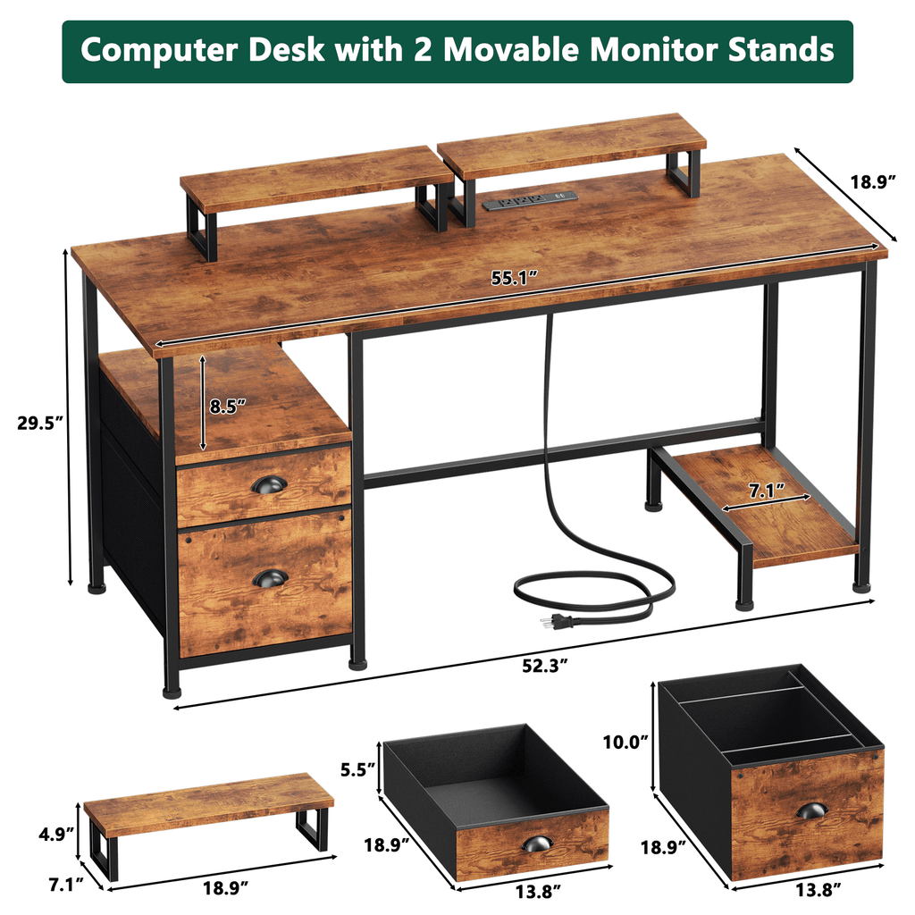 Satifur 61" Reversible 2-Tier Computer Desk with Power Outlet, LED Lights, File Cabinet &amp; Storage Shelves,Rustic Brown