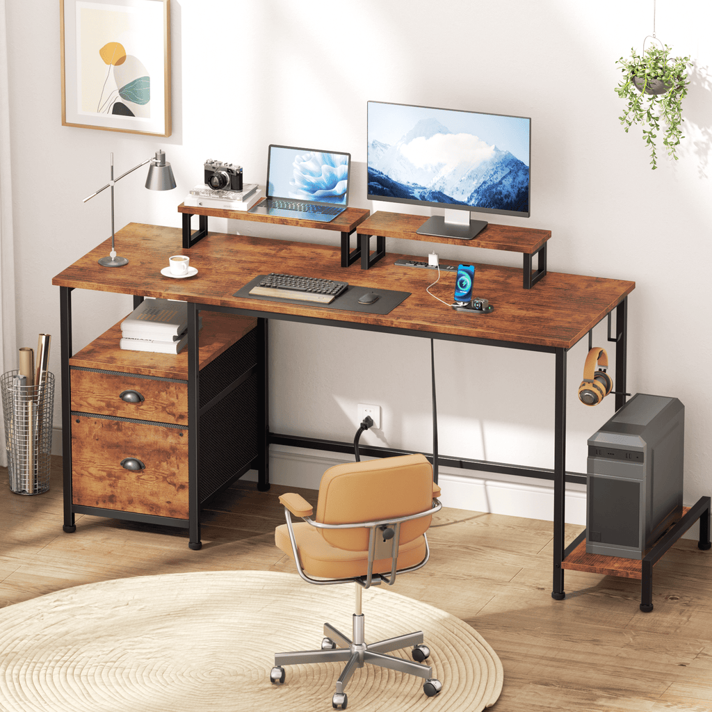 Satifur 61" Reversible 2-Tier Computer Desk with Power Outlet, LED Lights, File Cabinet &amp; Storage Shelves,Rustic Brown