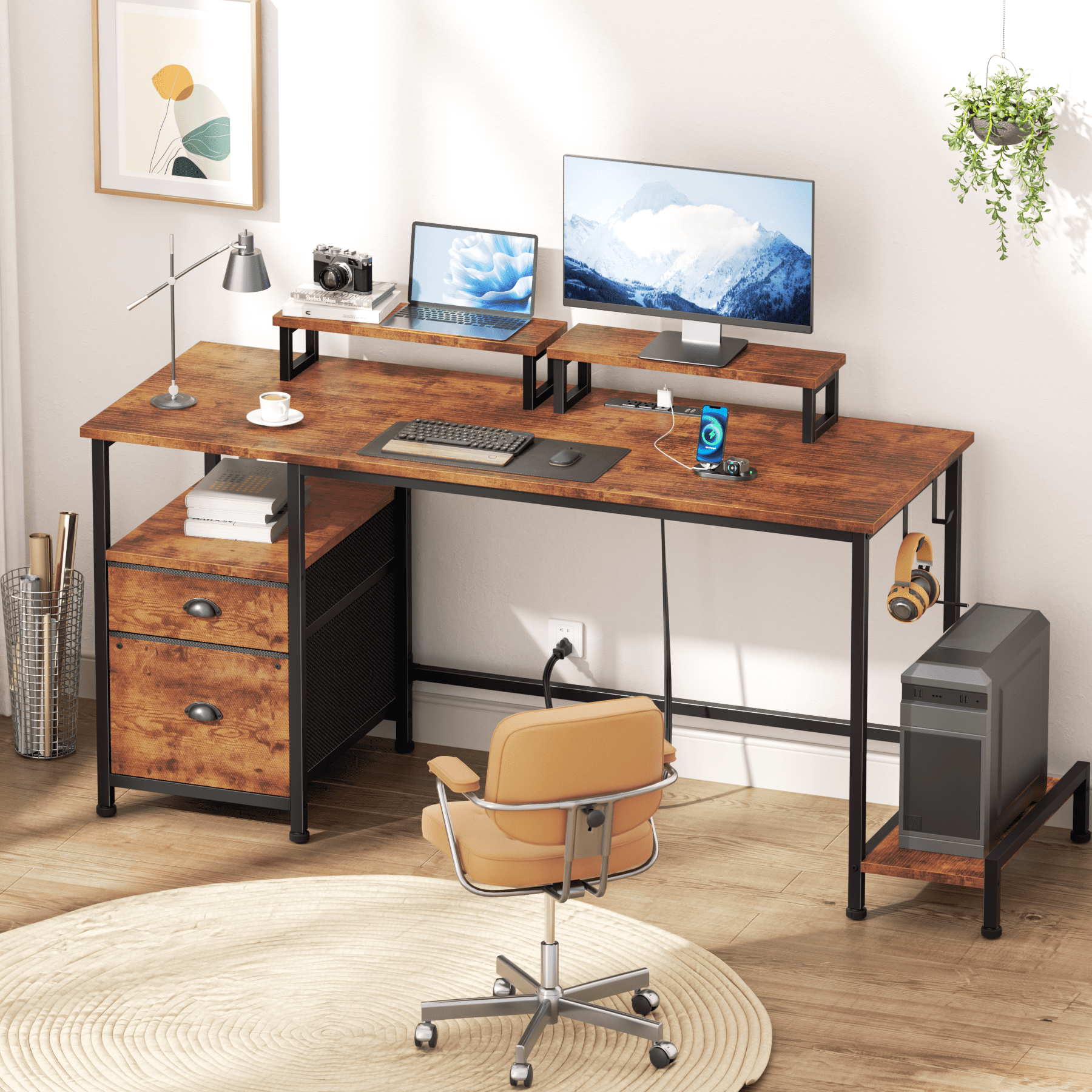 Satifur 61" Reversible 2-Tier Computer Desk with Power Outlet, LED Lights, File Cabinet &amp; Storage Shelves,Rustic Brown