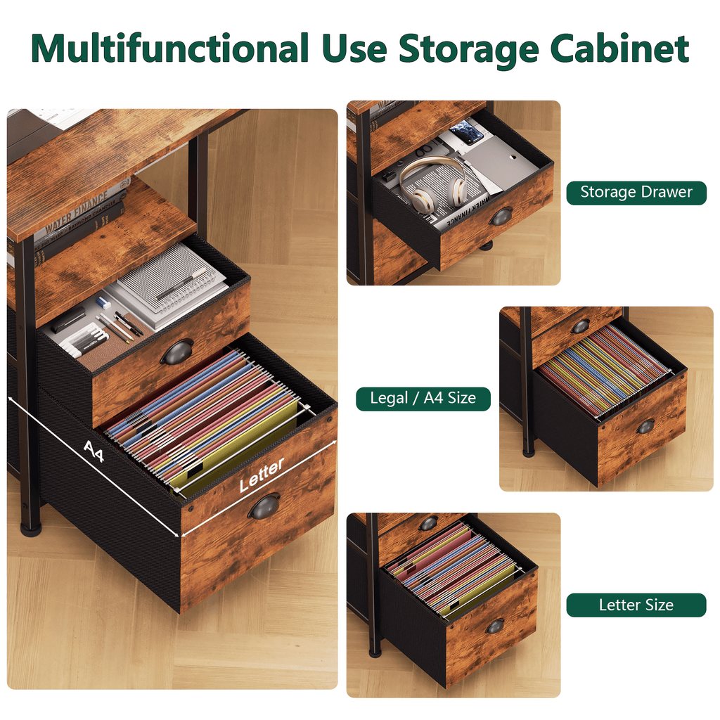 Satifur 61" Reversible 2-Tier Computer Desk with Power Outlet, LED Lights, File Cabinet &amp; Storage Shelves,Rustic Brown
