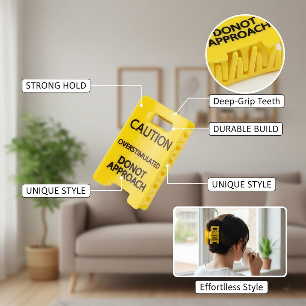 Funny Caution Sign Hair Claw Clip, Yellow Novelty Hair Clip with Strong Grip for Thick or Fine Hair, Statement Hair Accessory for Everyday Wear