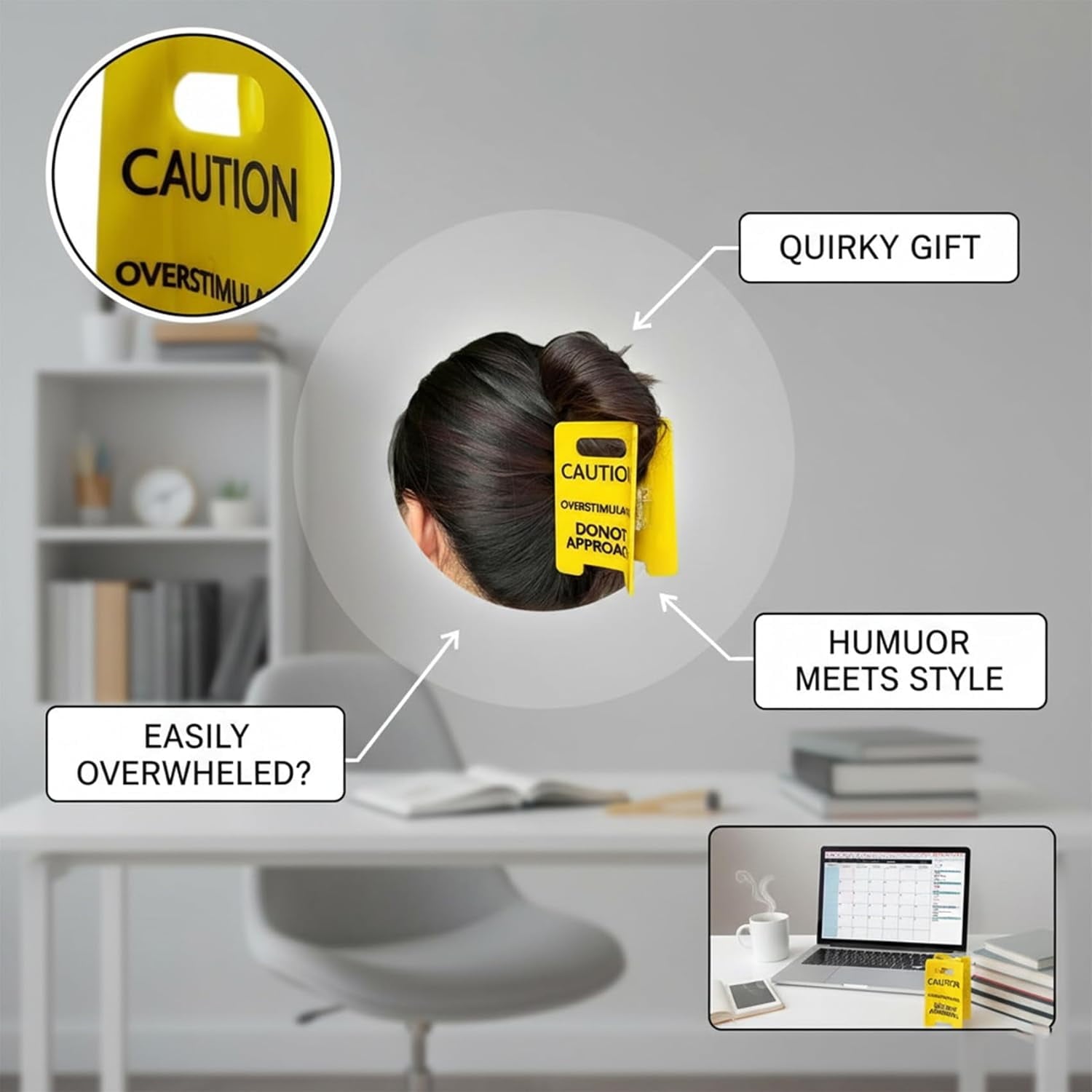 Funny Caution Sign Hair Claw Clip, Yellow Novelty Hair Clip with Strong Grip for Thick or Fine Hair, Statement Hair Accessory for Everyday Wear