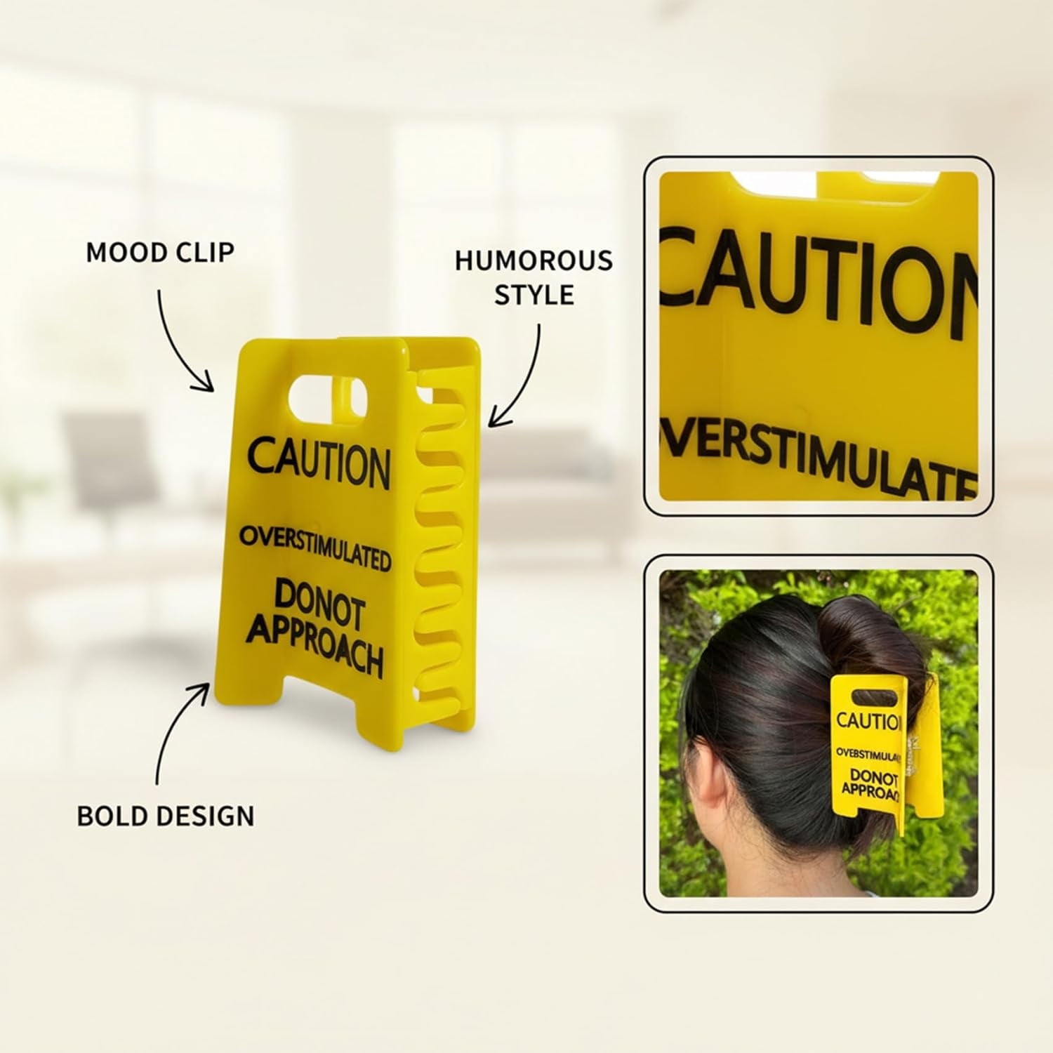 Funny Caution Sign Hair Claw Clip, Yellow Novelty Hair Clip with Strong Grip for Thick or Fine Hair, Statement Hair Accessory for Everyday Wear