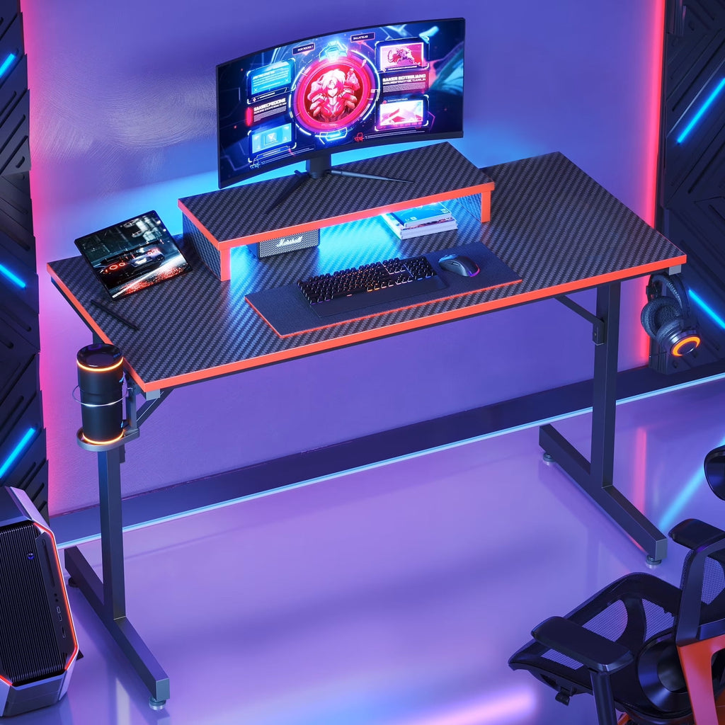 Bestier 42" Gaming Desk PC Computer Office Gamer Table Desk with LED Lights &amp; Monitor Stand in Red
