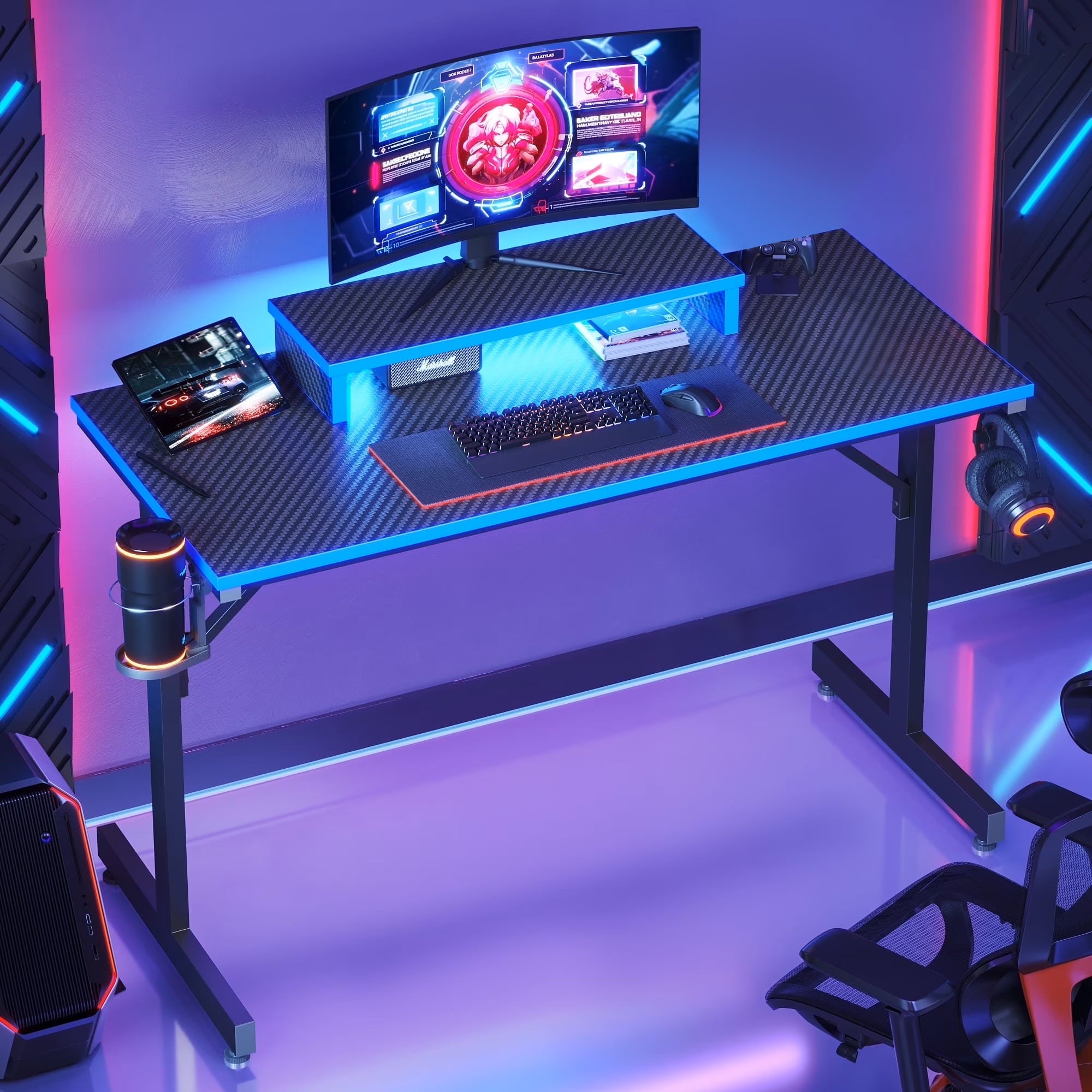 Bestier 42" Gaming Desk PC Computer Office Gamer Table Desk with LED Lights &amp; Monitor Stand in Red