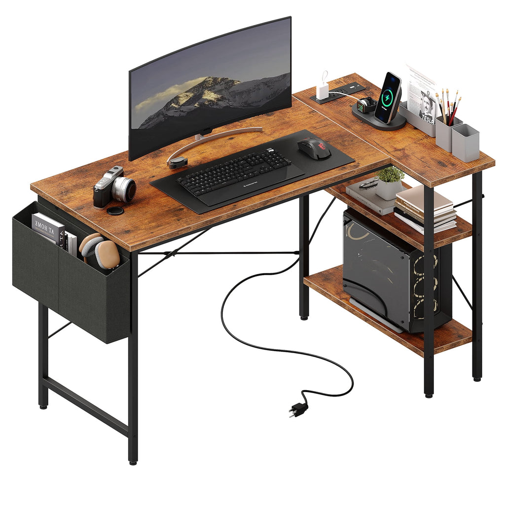 CONCETTA 39 inch Gaming Computer Desk with Power Outlet &amp; LED Strip, Reversible Storage Shelves for Home Office, Black