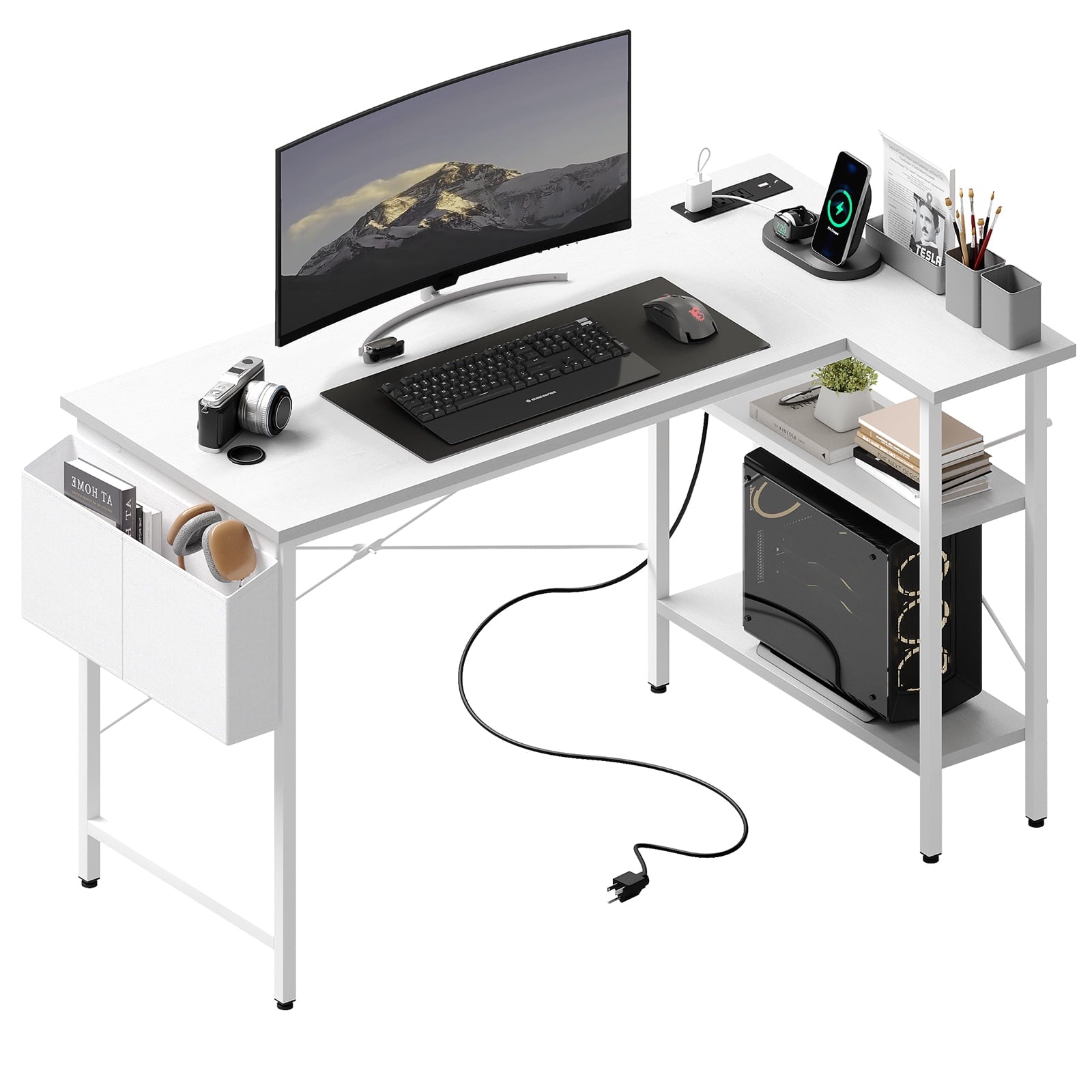 CONCETTA 39 inch Gaming Computer Desk with Power Outlet &amp; LED Strip, Reversible Storage Shelves for Home Office, Black