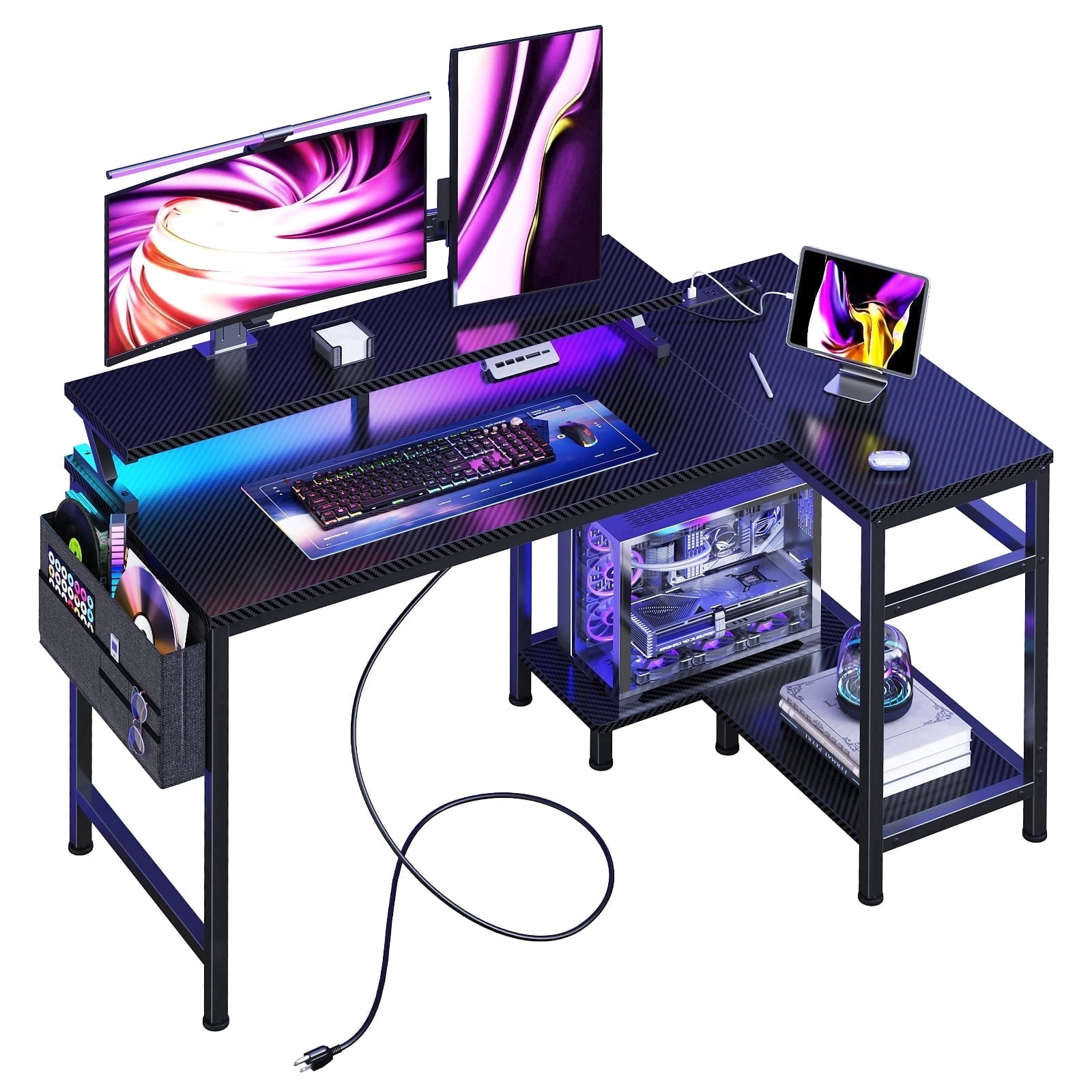 CONCETTA 40" L Shaped Gaming Desk with USB Charging, LED Lights, Power Outlets, Large Storage space, Monitor Stand, White