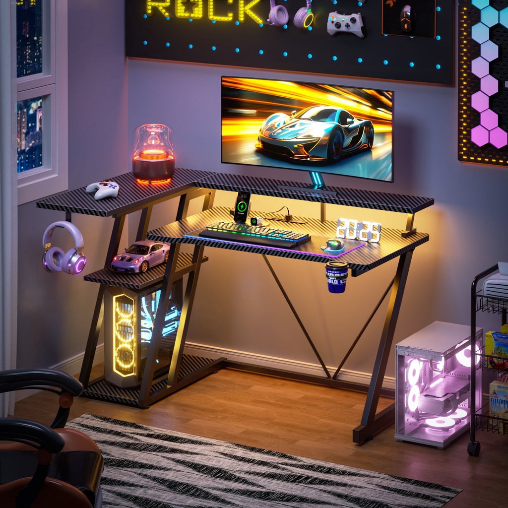 Satifur 39" Pro L-Shaped Gaming Desk Black, RGB LED, Power Hub &amp; Monitor Riser for Ultimate Setup