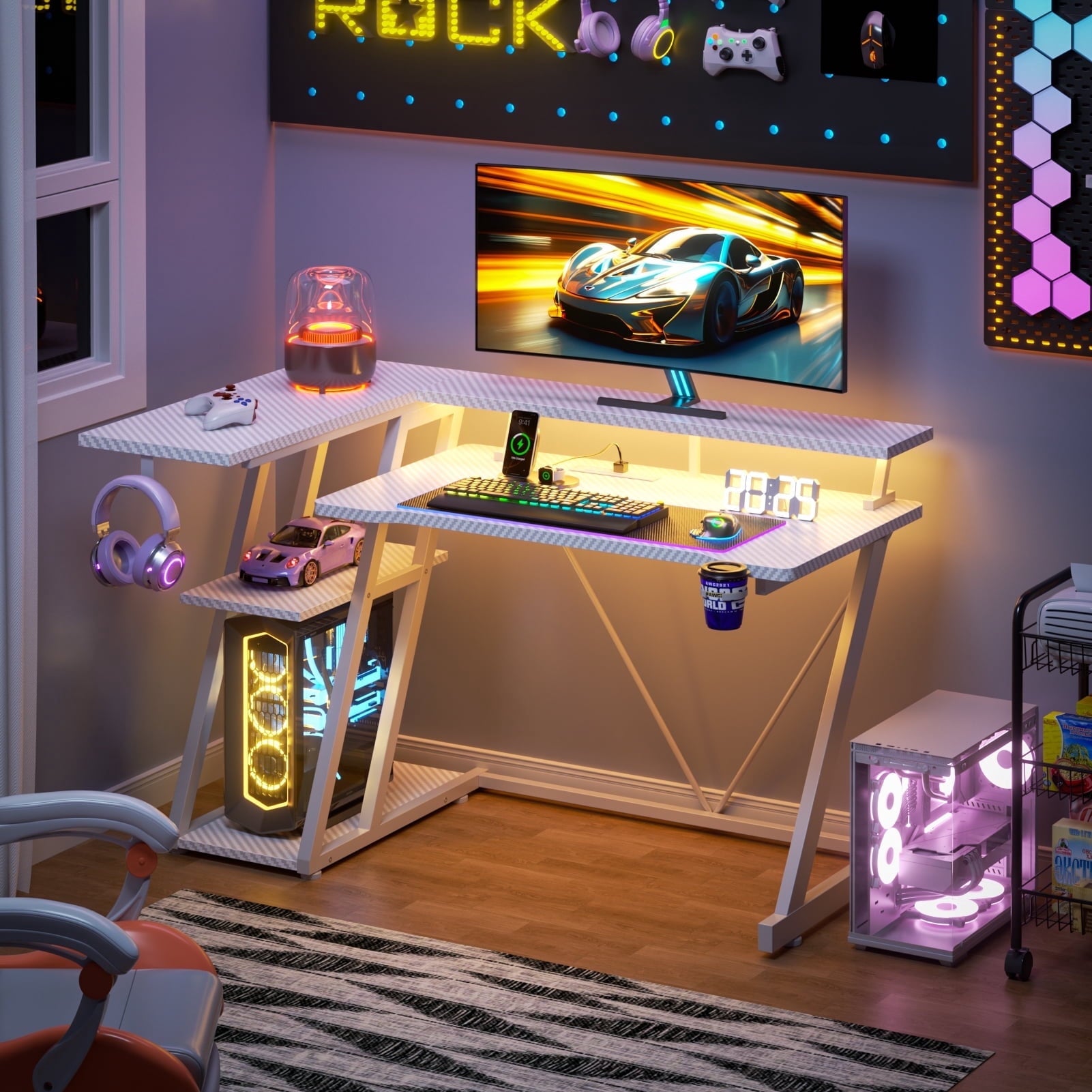Satifur 39" Pro L-Shaped Gaming Desk Black, RGB LED, Power Hub &amp; Monitor Riser for Ultimate Setup