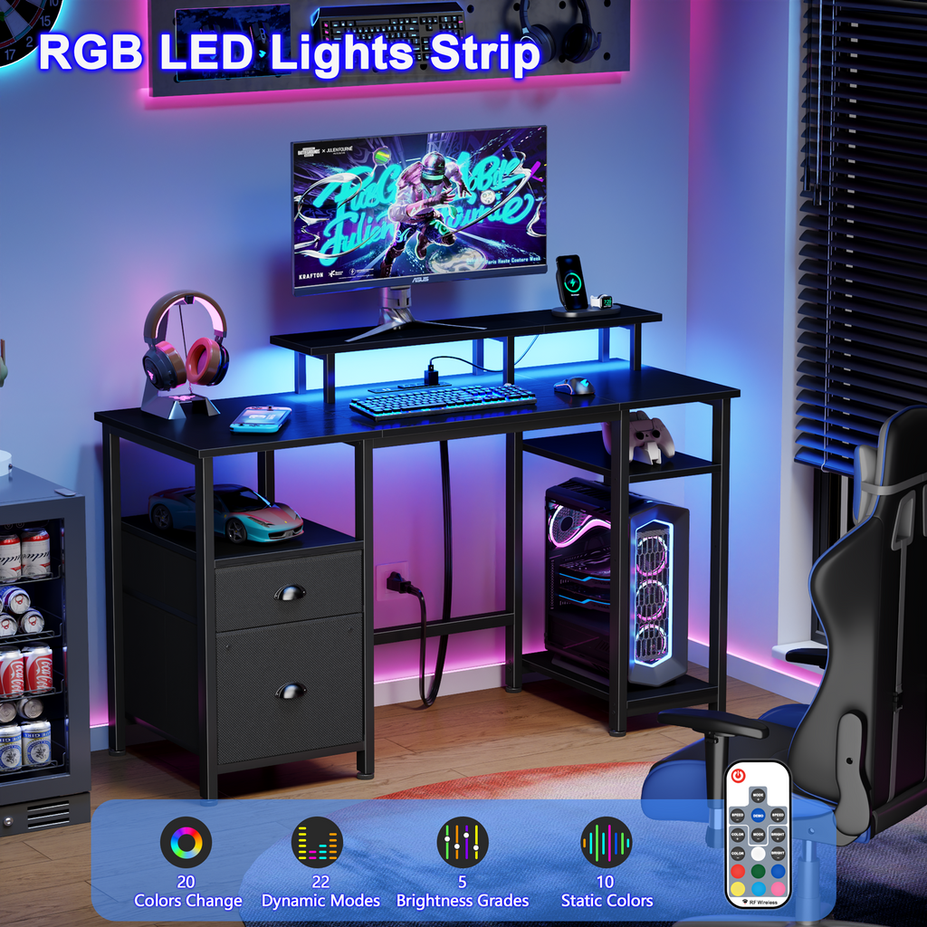 Satifur 61" Reversible 2-Tier Computer Desk with Power Outlet, LED Lights, File Cabinet &amp; Storage Shelves,Rustic Brown