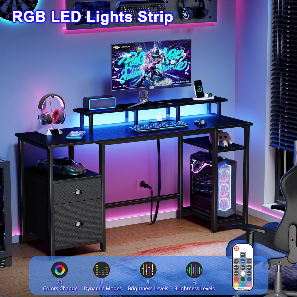 Satifur 61" Reversible 2-Tier Computer Desk with Power Outlet, LED Lights, File Cabinet &amp; Storage Shelves,Rustic Brown